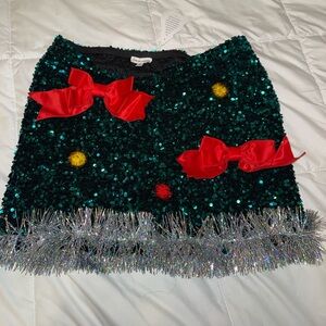 Love on a Hanger Sequin Mini Skirt with Red Bows Christmas Skirt